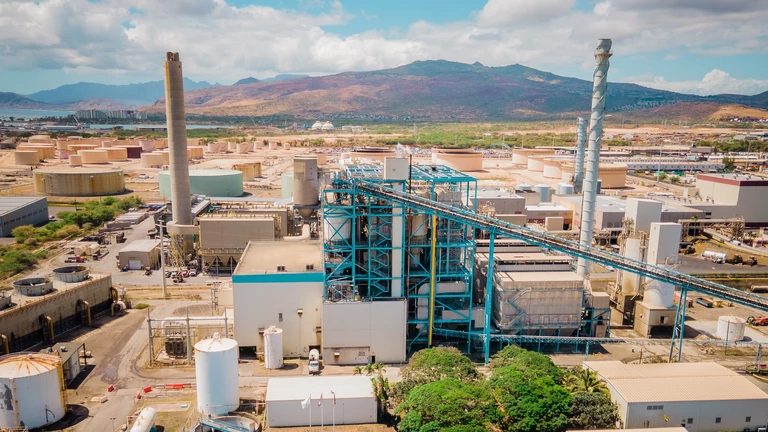 Aerial view of the former AES Hawaii coal-fired power plant on the Oahu coastline
