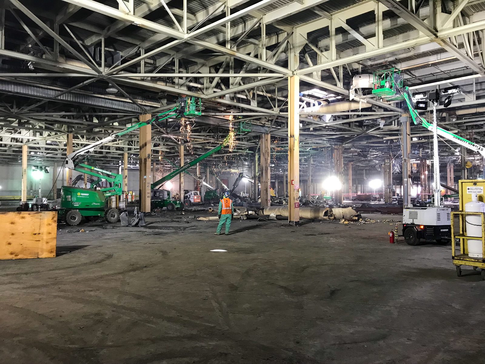 Stripped interior of the Detroit-Hamtramck automotive paint shop with process equipment removed