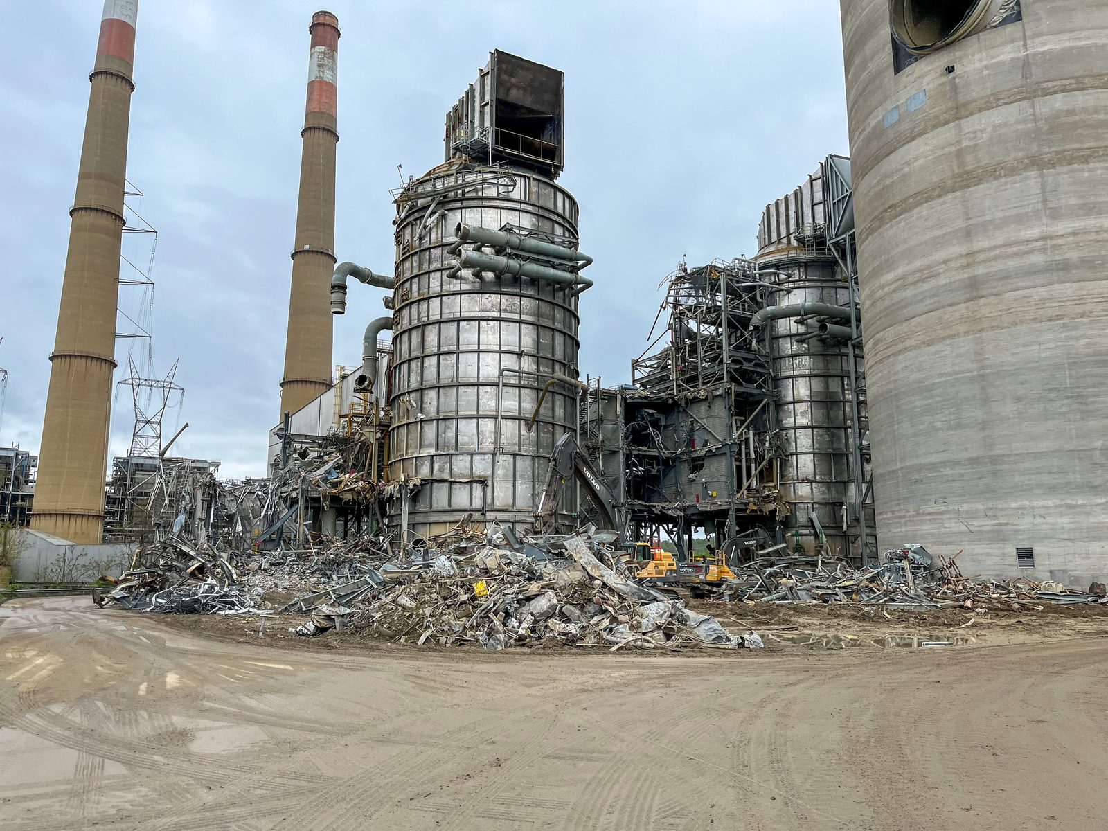 Demolition progress around the stacks and boiler structures at Hatfield Power Station