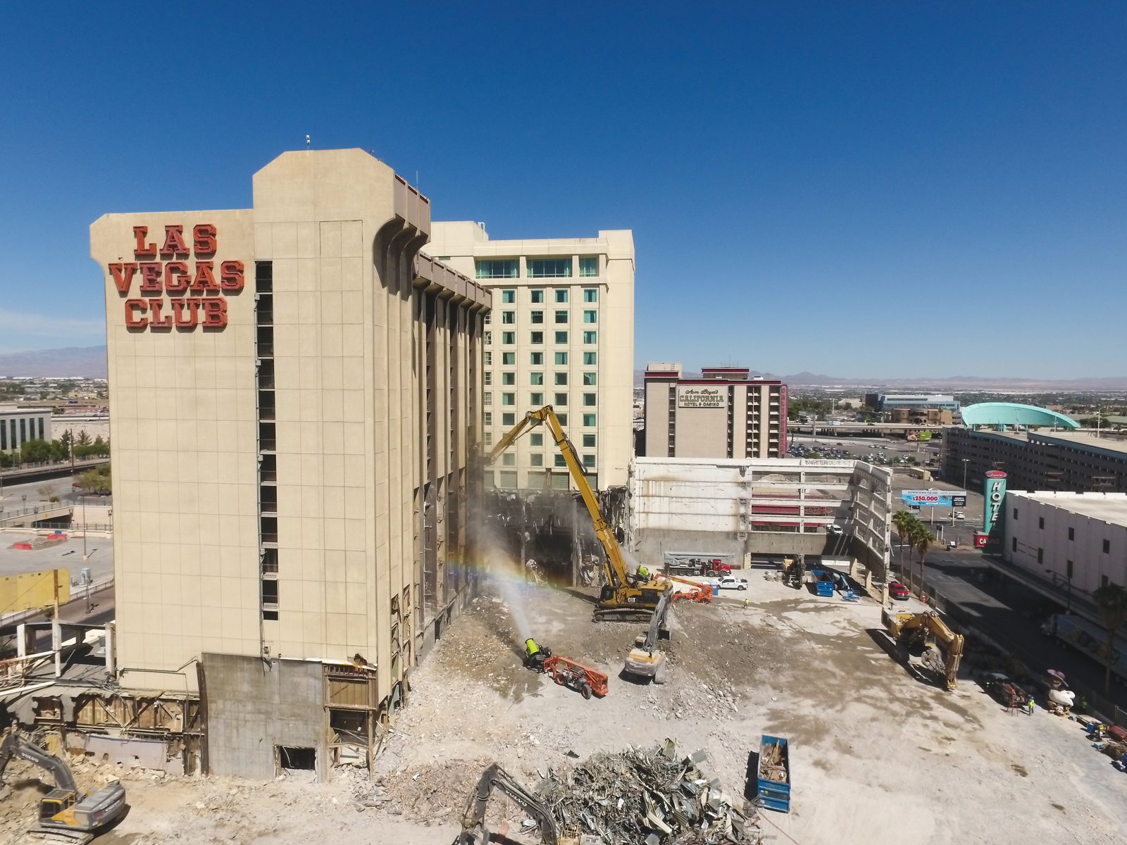 Las Vegas Club hotel tower mid-demolition in downtown Las Vegas